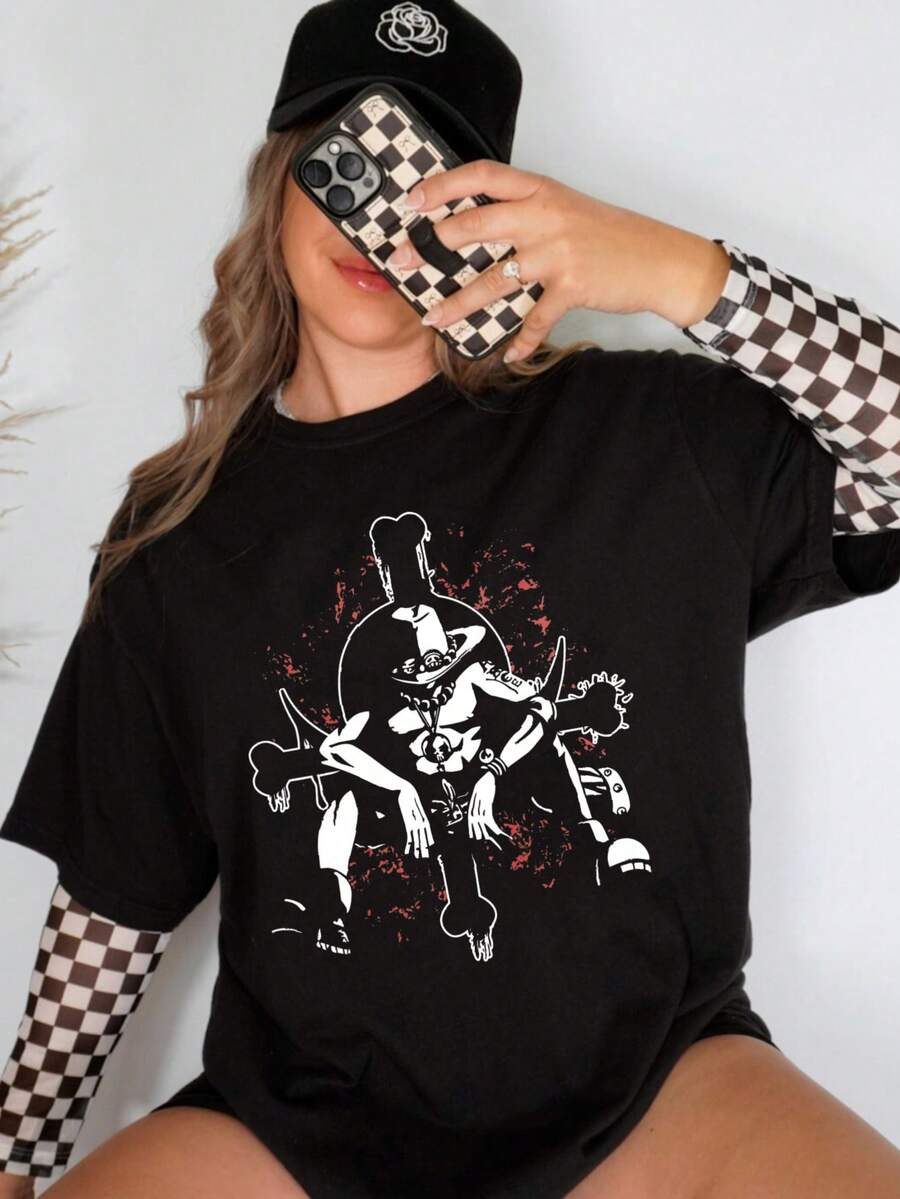 1 Piece 180g Camisera de Algodón para Mujer, Oversize Manga Corta Cuello Redondo con Estampado para el Diario y la Calle,designed by Y2K artists in the Bababask style - Negro 2 - Ver 1
