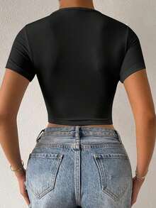 Camiseta casual de mujer con pliegues delanteros y cordón ajustable y sexy - Negro - Ver 2