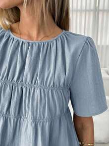 Camisa casual de mujer de unicolor, cuello redondo, manga corta y plisada - Azul - Ver 6