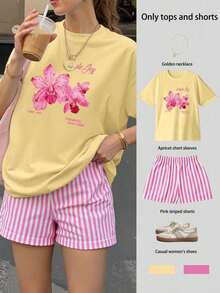 Conjunto de top de manga corta holgado con estampado floral y shorts a rayas para mujer, conjunto informal de verano de 2 piezas para mujer, traje de mujer, conjunto de verano para mujer, ropa de vacaciones, atuendo de viaje, estilo de playa, ropa de vacaciones minimalista - Amarillo - Ver 5