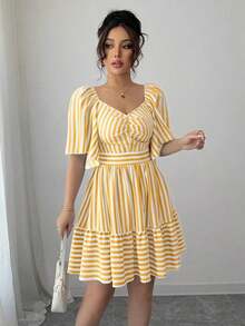 Elenzya Vestido de primavera y verano de talla media con rayas azules y blancas, manga corta, elegante y casual, con cintura ajustada para mujeres - Multicolor - Ver 5