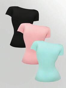 3 piezas Camisetas de manga corta casuales y versátiles de unicolor con pliegues para mujer - Multicolor 6 - Ver 2