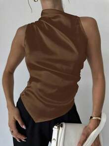 Camisa de satén con cuello plisado, sin mangas, elegante y sencilla, con dobladillo entallado, para oficina, en color beige - Café integral - Ver 2