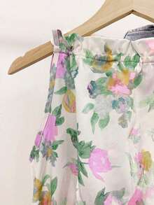 Blusa casual versátil de uso diario con estampado floral y pliegues para mujer - Morado - Ver 3
