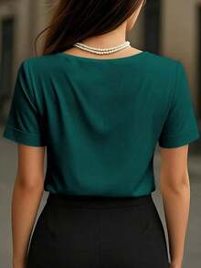 1 pieza Blusa de mujer de unicolor de satén con cuello en V y manga corta, elegante y de moda para uso diario, oficina, hogar, citas, primavera/verano, color negro casual - Verde - Ver 5
