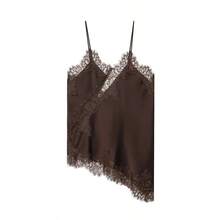 Camiseta de tirantes de mujer con parches de encaje y bajo asimétrico, versátil para citas y fiestas, de verano - Marrón - Ver 1