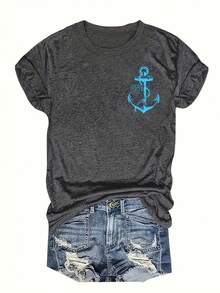 Camiseta estampada de cuello redondo, top casual de manga corta para mujer, ropa de mujer - Transpirable y agradable para la piel - Gris Oscuro - Ver 4