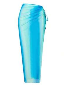 Costavie Conjunto de 3 piezas de bikini para mujer con vestido largo calado, estampado de teñido anudado multicolor, tirantes trenzados y cordones laterales, para primavera/verano 2026 - Azul - Ver 8