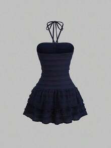 Vestido corto de verano para mujer con cuello halter, nudo en la cintura y volantes - Azul marino - Ver 2