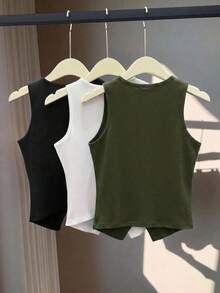 Set de 3 tops ajustados de mujer de unicolor, con cuello redondo, sin mangas y abertura, con botones - Multicolor 2 - Ver 2