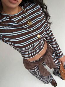 Conjunto de pijama informal para mujer de , incluye camiseta de manga larga con cuello redondo a rayas y pantalones rectos a rayas, adecuado para uso diario, deportes, otoño/invierno, ropa para el regreso a clases, conjunto de dos piezas a rayas marrones, para uso diario, oficina, salidas. - Marrón 2 - Ver 11