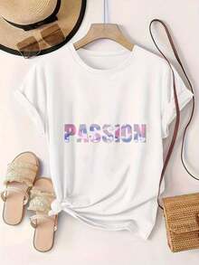 Women's Casual Short-Sleeve T-Shirt - Colorful Abstract Design With "Passion" Print, Round Neck, Summer Top, Machine Washable, Ladies' T-Shirts, Casual Wear, Modern Style, Comfortable Fit

-White - 白色 - 查看 2
