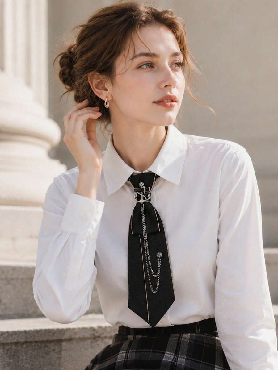 1件女款閃亮水鑽錨鍊裝飾蝴蝶結領結,浪漫風格,適合約會、日常穿著、校園、派對,可搭配襯衫 - 彩色 - 查看 1