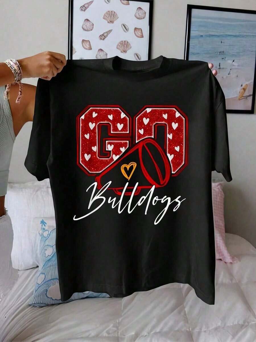 Go Cheer Name 100% Cotton T-Shirt, Sports Gift For Men, Women And Children, Round Neck, Printed, Short Sleeve, Casual For Daily Use, Excellent Gifts For Friends And Family, 100% Cotton T-Shirts With A Youthful And Modern Design, Suitable For Spring, Summer And Autumn. - 黑色 - 查看 1