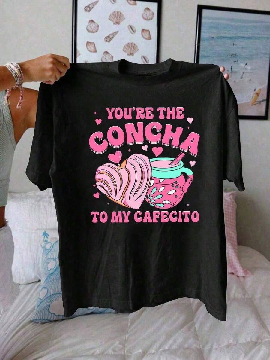 Cartoon Letter Graphic Print T-Shirt For Valentine's Day, Short Sleeve, Round Neck, Casual Style For Summer And Spring, Women's Summer Vacation T-Shirt, Short Sleeve Cotton Casual T-Shirt, 100% Cotton. - 黑色 - 查看 1