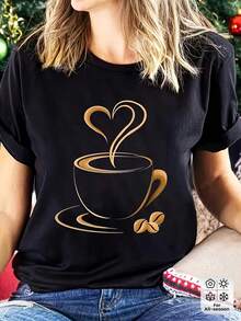 Camiseta Casual de Manga Corta y Cuello Redondo para Mujer – Patrón Geométrico de Granos de Café y Taza en Forma de Corazón, Combinación de Negro y Dorado, Tela Suave y Transpirable, Lavable a Máquina, Cómoda para Todas las Temporadas, Camiseta Estampada a la Moda, Corte Holgado, 100% Algodón. - Negro - Ver 8