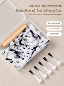 1 Set Disposable Nail Brush Kit, 1 Wooden Handle + 50 Flat Heads + 1 Box, Detachable Double-Sided, Interchangeable Nail Brushes, Suitable For Nail Salons, Professional Nail Gel Tools - Black and White - View 1