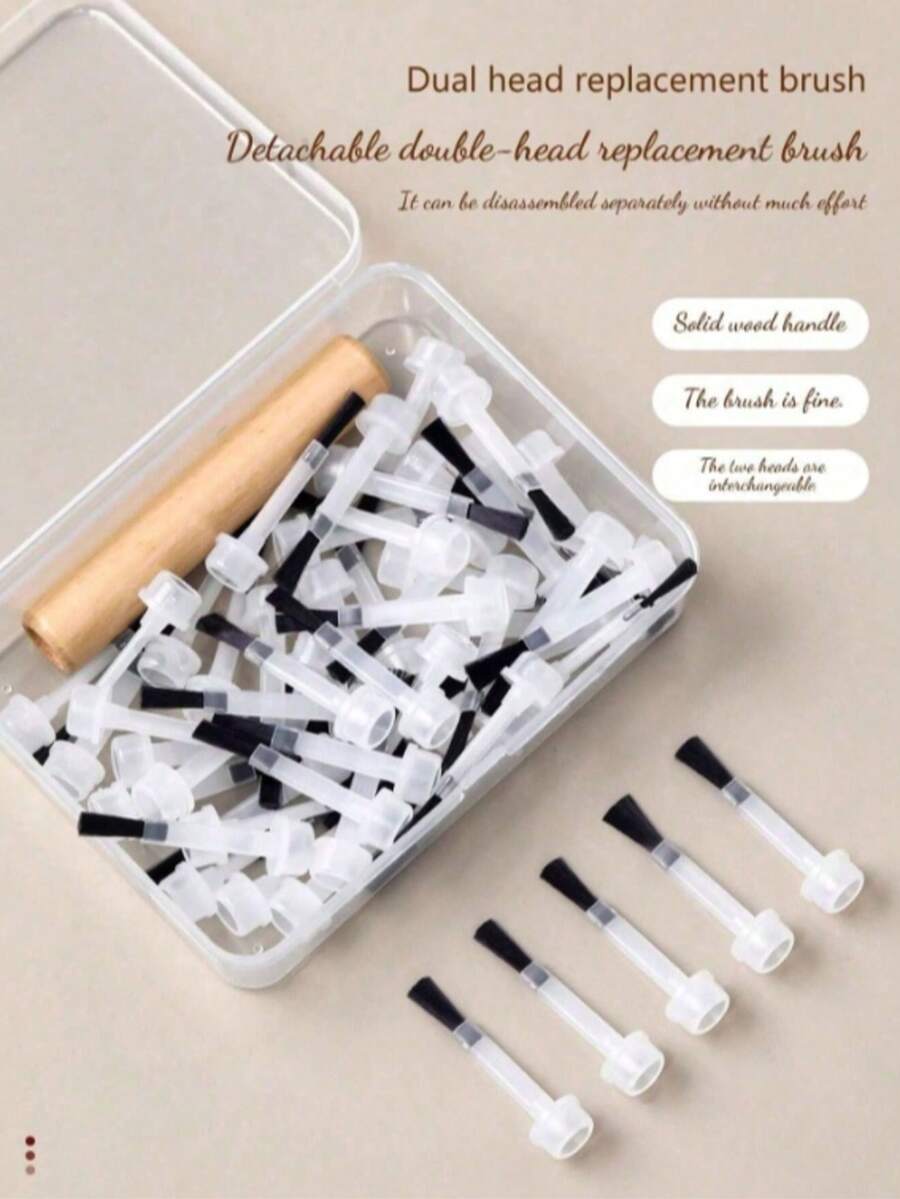 1 Set Disposable Nail Brush Kit, 1 Wooden Handle + 50 Flat Heads + 1 Box, Detachable Double-Sided, Interchangeable Nail Brushes, Suitable For Nail Salons, Professional Nail Gel Tools - Black and White - View 1