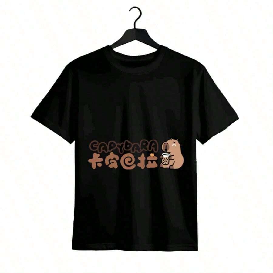 Tops para mujer de Algodón Negra Casual para Mujer con Estampado de Capibara yé de Burbujas, Linda de Manga Corta con Cuello Redondo, Corte Regular, Estilo Urbano - Negro - Ver 1