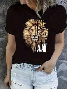 Camiseta gráfica casual ajustada para mujer "El León de Judá", transpirable y cómoda, de manga corta y cuello redondo, con estampado de león cristiano, de algodón suave, perfecta para uso diario y estilo urbano religioso. - Negro - Ver 7