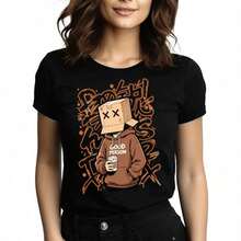Tops para mujerChaleco holgado de manga corta para mujer con estampados de cabezas de dibujos animados y grafitis, con la frase Persona amable.Una Chaqueta informal adecuada para el estilo urbano de verano, ropa casual deportiva y uso diario. - Negro - Ver 6