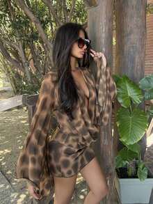 Vestido mini de manga larga con cuello de cowl y escote profundo en gasa y malla, ideal para primavera, verano, Ibiza, vacaciones, lindo, romántico, festival, ropa de playa, fiesta de Halloween en la playa - Café integral - Ver 6