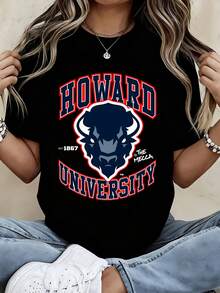 Howard University T Shirt White Crew Neck College Logo Bull Head Print - 黑色 - 查看 1