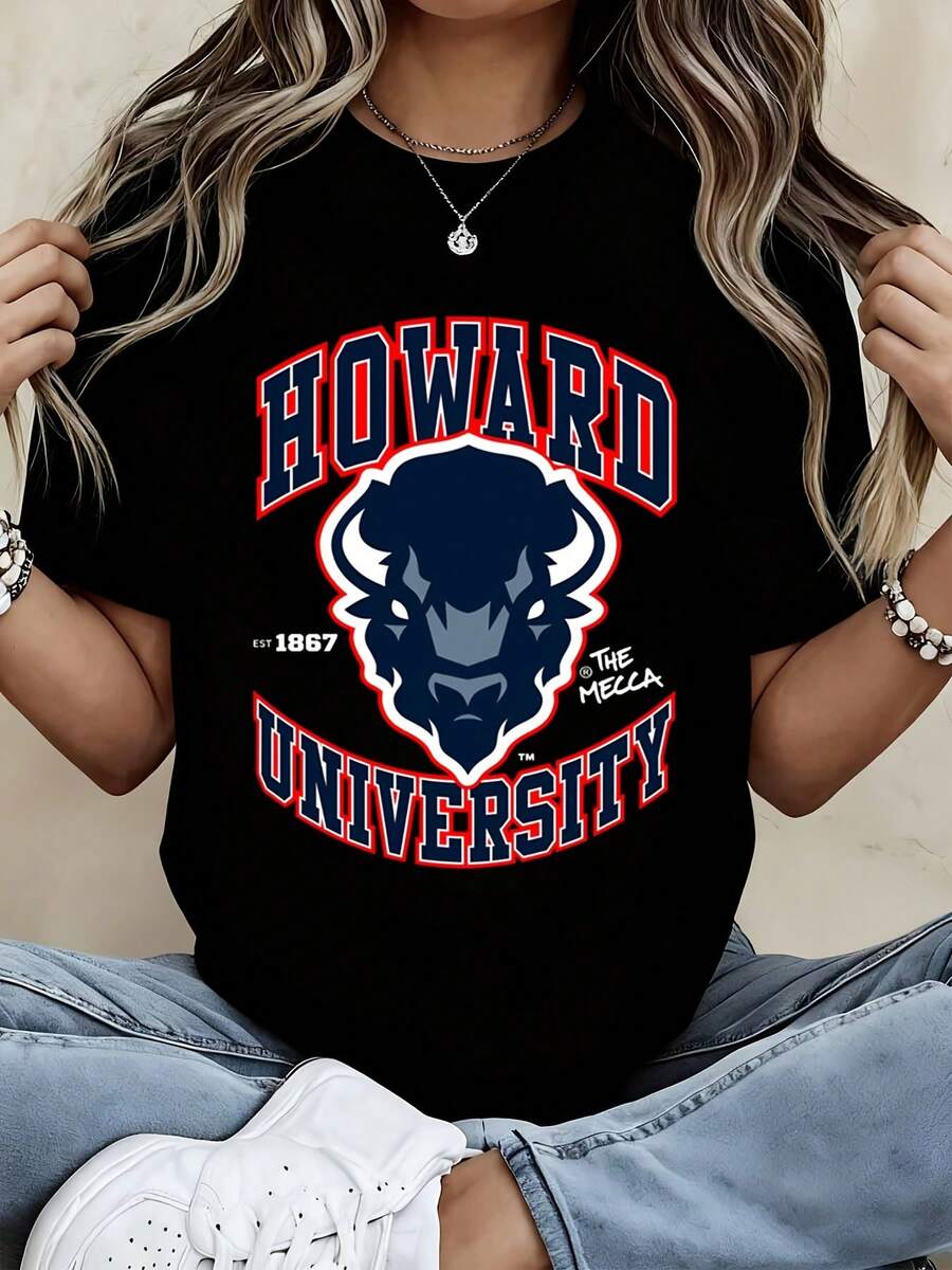 Howard University T Shirt White Crew Neck College Logo Bull Head Print - 黑色 - 查看 1