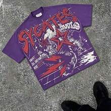 Grunge Revival Essential - Contrast Red/White Graphics With Edgy GAGADO Detail |       100% CottonComfortable Pullover SweatshirtNew Casual T-Shirts - 紫色 - 查看 3