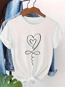 Camiseta de talla grande para mujer con acabado suave y brillante, diseño minimalista de corazón, top ligero para uso diario, camiseta casual lavable a máquina para primavera, verano y otoño, esencial para el día a día, blusa casual, camiseta de talla grande para mujer, moda de temporada. - Blanco - Ver 7