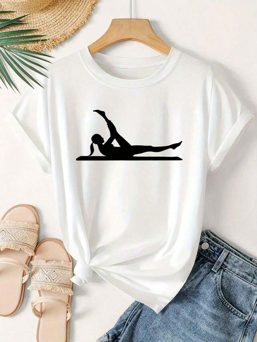 Camiseta de Yoga Minimalista Moderna para Mujer con Estampado Geométrico - Diseño de Silueta Elegante, Estilo Casual y Vacacional, Manga Corta para Todas las Temporadas, Elasticidad Media, Cuello Redondo, Perfecta para Pilates y Relajación, Camiseta de Yoga 100% Algodón - Blanco - Ver 1
