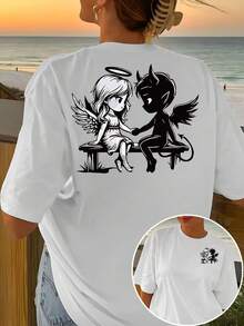 Camiseta con Estampado Gráfico de Ángel y Demonio, Manga Corta, Cuello Redondo, Estilo Casual para Verano y Primavera, Ropa de Mujer - Alta Calidad - Blanco - Ver 1