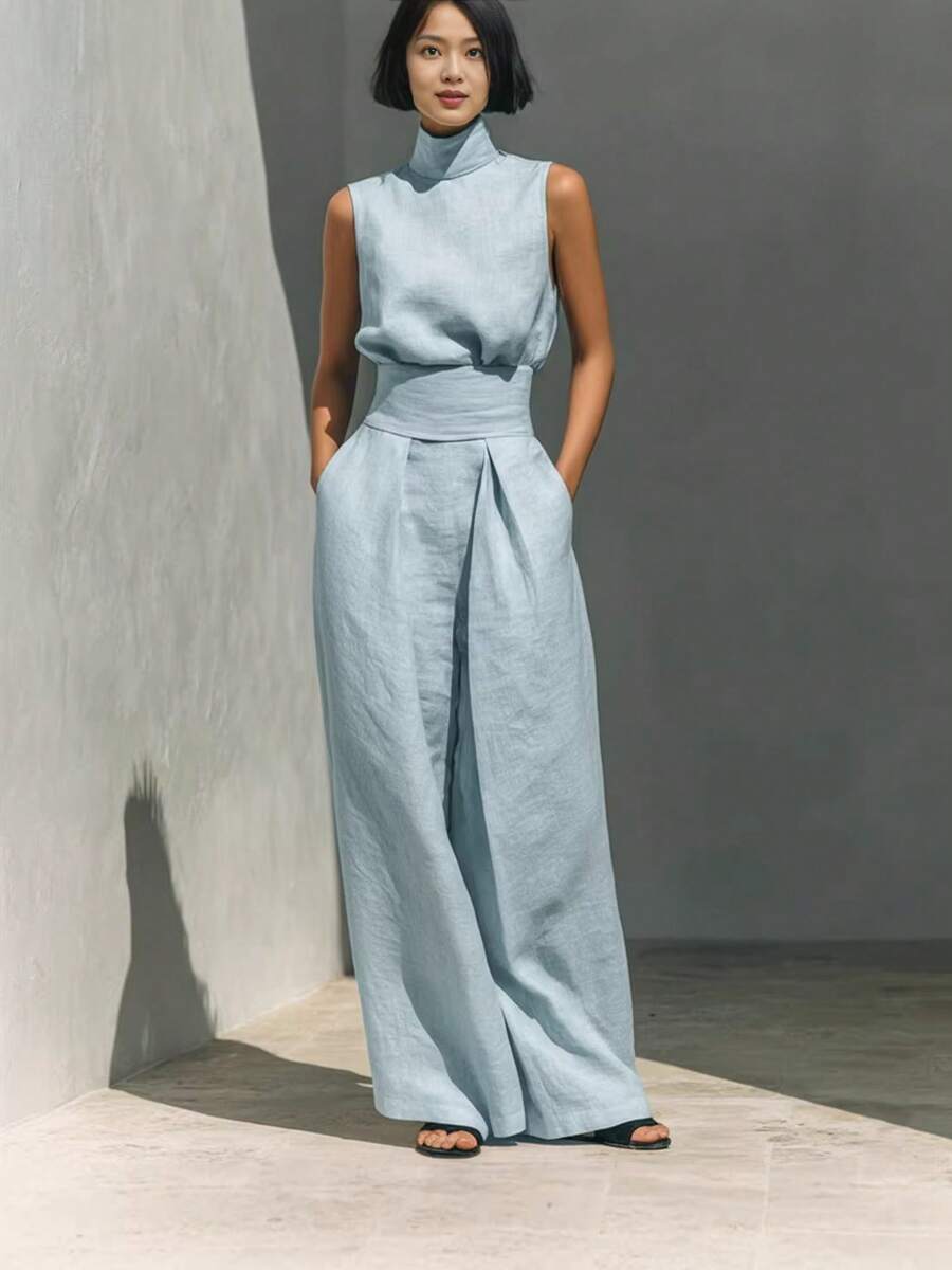 Nuevo 2026 Conjunto Dos Piezas Mujer Algodón Lino Sin Mangas Pantalones Casual Primavera Verano - azul claro - Ver 1