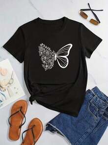 Camiseta Holgada Sencilla Mujer Estilo ModernoCamiseta Casual de Manga Corta para Mujer con Estampado de Mariposas Intrincado - Cuello Redondo, Poliéster Ligero, Perfecta para Primavera y Verano, Camisetas para DamasCozy Soft Simple Everyday Wear Short Sleeve Top - Negro - Ver 4