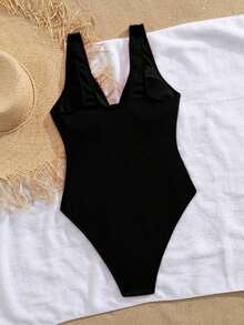 Traje de baño de una sola pieza para mujer, diseño de cortes circulares con cruce de bandas y decoración de estrellas de mar metálica, que proporciona control de abdomen - Negro - Ver 2
