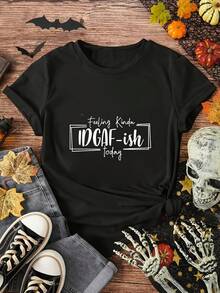 Women's T-Shirts, Women's Tops, Halloween, Thanksgiving, Christmas, Gifts - Feeling A Little Indifferent Today - Women's Eye-Catching Slogan T-Shirt Casual Urban Style For Everyday Wear (Hoado Cut See Size Chart) - 黑色 - 查看 1