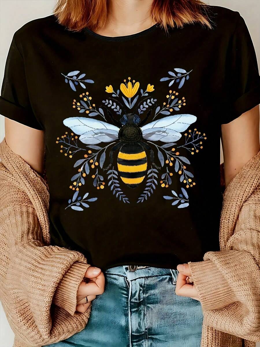 1pc Camiseta blanca de mujer con estampado floral y de abeja vibrante - Cuello redondo casual, mangas cortas, tela, microelástico, perfectara eerano, ropa casual, top con estampado floral, tela, camiseta ligera casual de manga cortara mujer para uso diario (corte hoado Por favor, re