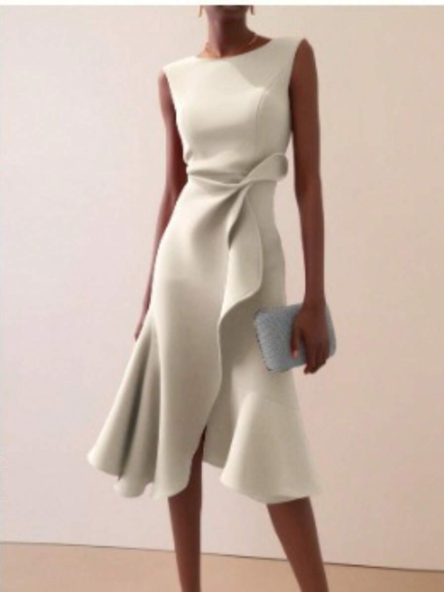 Vestido midi de gala liso cuello redondo sin mangas estilo europeo elegante nueva colección 2026 para mujer - Albaricoque - Ver 1