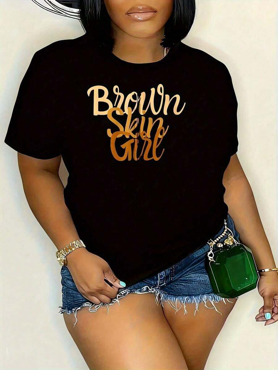 Camiseta de talla grande para mujer, diseño divertido, gráfico, manga corta, novedosa, 100% poliéster, cuello redondo, informal, 220g, Brown Skin Black Been Magic, 1 pieza. - Negro - Ver 1
