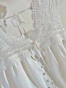 Blusa sin mangas de verano para mujer, de unicolor con parches de encaje - Blanco - Ver 7