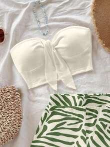 Conjunto de 2 piezas de estilo casual de vacaciones con shorts de estampado de cebra en color albaricoque y verde, y top bandeau negro, adecuado para vacaciones de verano - Multicolor - Ver 5