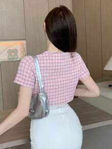 Camiseta de manga corta con nudo delantero y estampado de cuadros, top corto para mujeres - Rosa - Ver 6