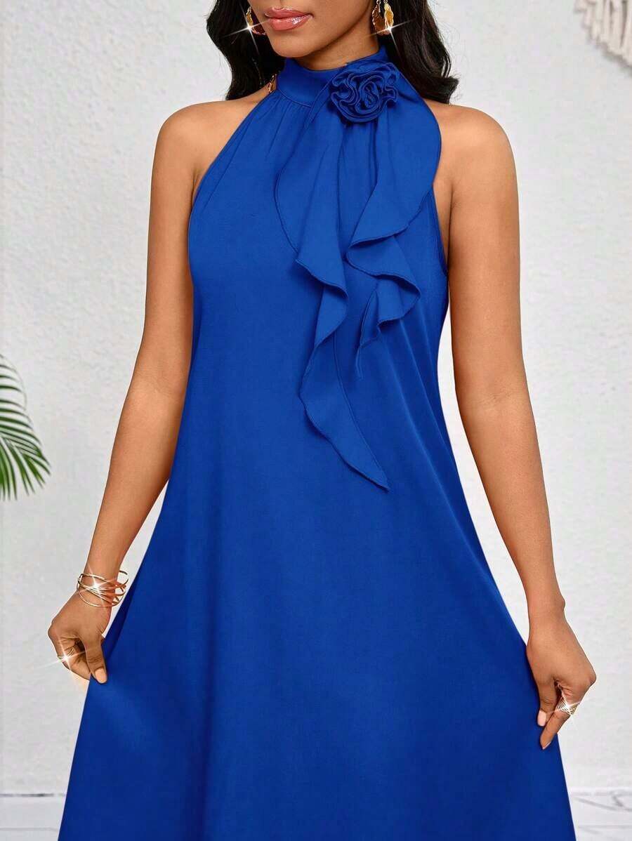 Lady Vestido de longitud media naranja con decoración de volantes florales tridimensionales en el cuello.Elegante y holgado para damas.Ideal para vacaciones de primavera y verano.Estilo bohemio. - Azul marino - Ver 1