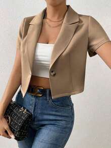 Blazer de mujer de unicolor con un solo botón y manga corta, para uso casual en verano - Caqui - Ver 5