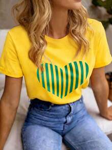 Camiseta Casual Versátil de Manga Corta con Cuello Redondo y Estampado de Corazones para Mujer, Primavera/Verano - Amarillo - Ver 5