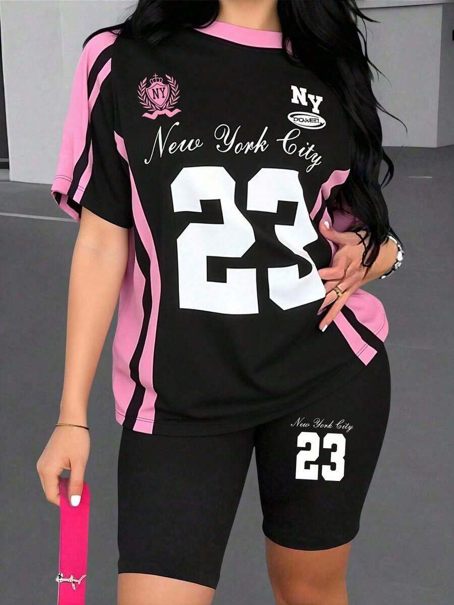 Conjunto de camiseta y pantalones cortos de ciclista con estampado gráfico de número 13 y eslogan, de moda casual para mujer - Multicolor 10 - Ver 1
