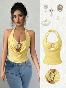 Camiseta de tirantes ajustada con cuello drapeado elegante de color negro, diseño fruncido y decoración metálica, para primavera/verano - Amarillo - Ver 8