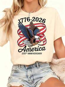 Camiseta Casual para Mujer |     Estados Unidos de América, Estampado de Águila y Bandera del 250º Aniversario, 1776-2026, Ropa para Celebración del Día de la Independencia, Cuello Redondo, Mangas Regulares, Tela Ligeramente Elástica, Ropa Fresca de Verano Transpirable para Mujer - Albaricoque - Ver 5