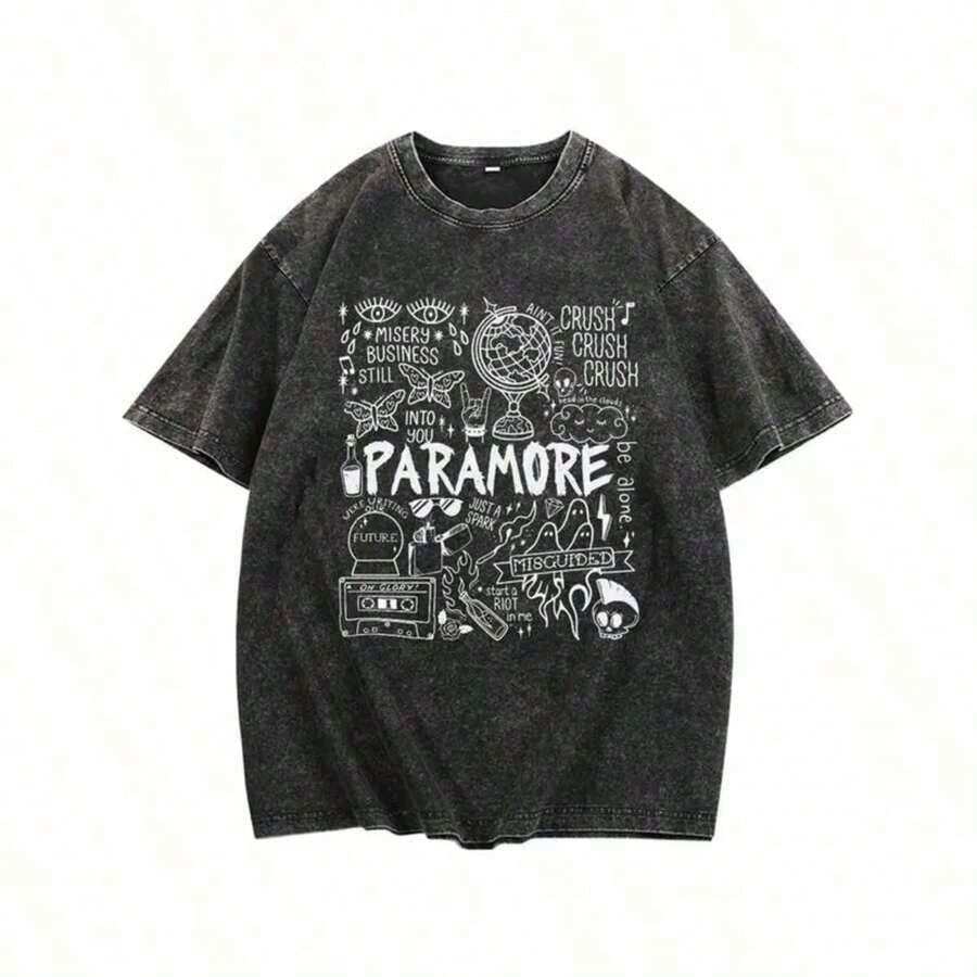 [Lavado Vintage] Camiseta de Alta Calidad PARAMORE Camiseta Negra de Algodón de Alta Calidad Camiseta de Hombre de Hombros Descubiertos Cuello Redondo Mangas Cortas 230g Patrón Lavado,Playeras de Mujer Vintage Lavado Estampado Gráfico Verano Cómoda - Negro - Ver 1