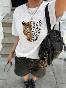 Nueva blusa de verano con estampado de cara de leopardo vintage, cuello redondo, teñido anudado y manga corta.Elegante y versátil para mujer. - Blanco - Ver 2